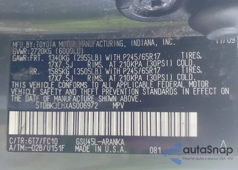 2010 Toyota Highlander Base V6 from USA, damaged, VIN 5TDBK3EHXAS006972